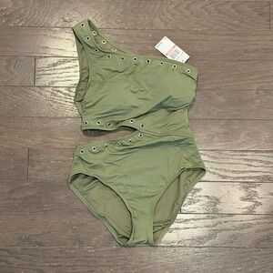 Michael Kors Women Green Grommet One Shoulder Cutout Swimsuit MM1U393 Size 10